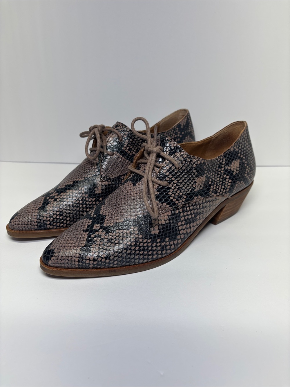 Lucky Brand Erreka Lace-Up Leather Oxford Taupe Snake-Print Ankle Booties